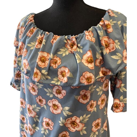plus size ruffle neck off the shoulder USA made 2X floral print 1/2 sleeve top - Picture 4 of 7